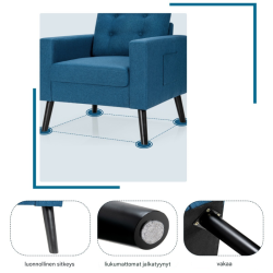 Sininen lepotuoli sivutaskuilla ja ergonomisella muotoilulla