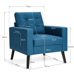 Sininen lepotuoli sivutaskuilla ja ergonomisella muotoilulla