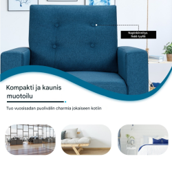 Sininen lepotuoli sivutaskuilla ja ergonomisella muotoilulla