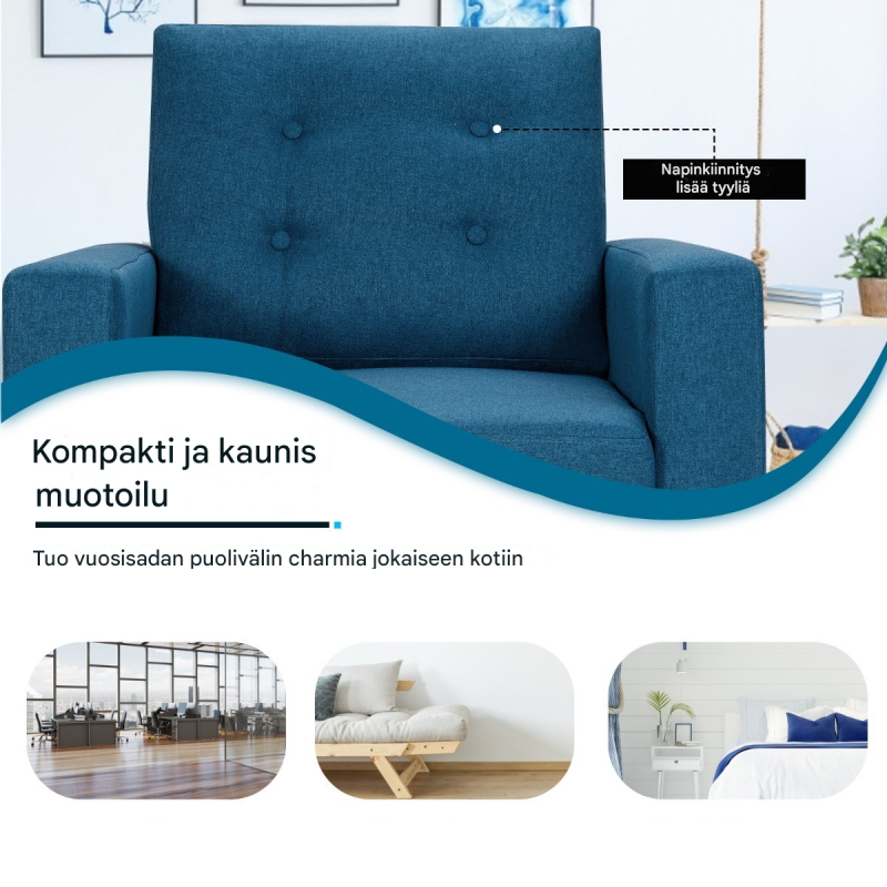 Sininen lepotuoli sivutaskuilla ja ergonomisella muotoilulla