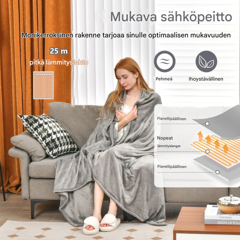 Sähköinen harmaa heittopeitto 150x200 cm, 4 lämpötilaa