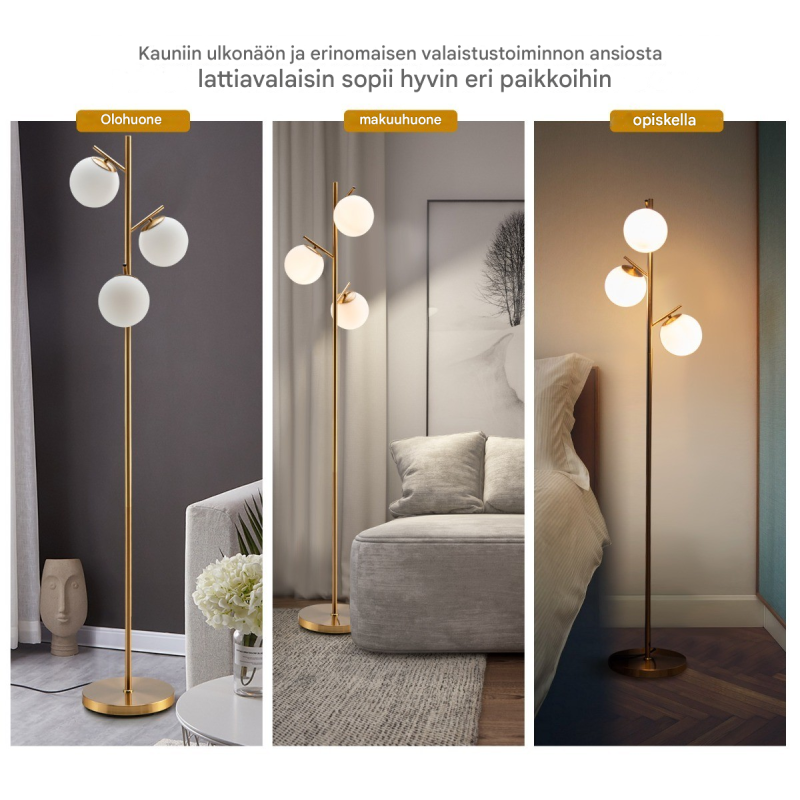 Kolmilamppuinen kultainen lattiavalaisin lasivarjostimilla ja jalkakytkimellä