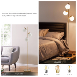 Kolmilamppuinen kultainen lattiavalaisin lasivarjostimilla ja jalkakytkimellä