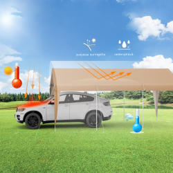 Keltainen tilava autokatos metallirungolla ja PE-katteella