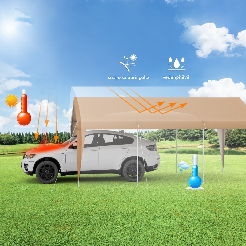 Keltainen tilava autokatos metallirungolla ja PE-katteella