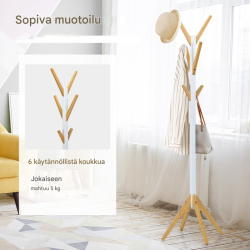 Bambusta valmistettu vaatepuu 6 koukulla, luonnonväri