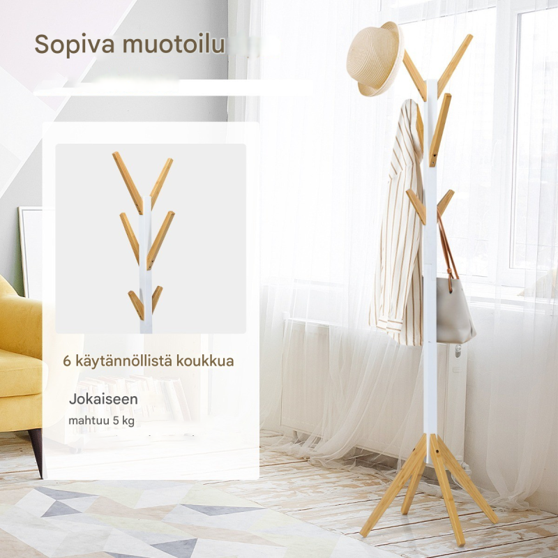 Bambusta valmistettu vaatepuu 6 koukulla, luonnonväri