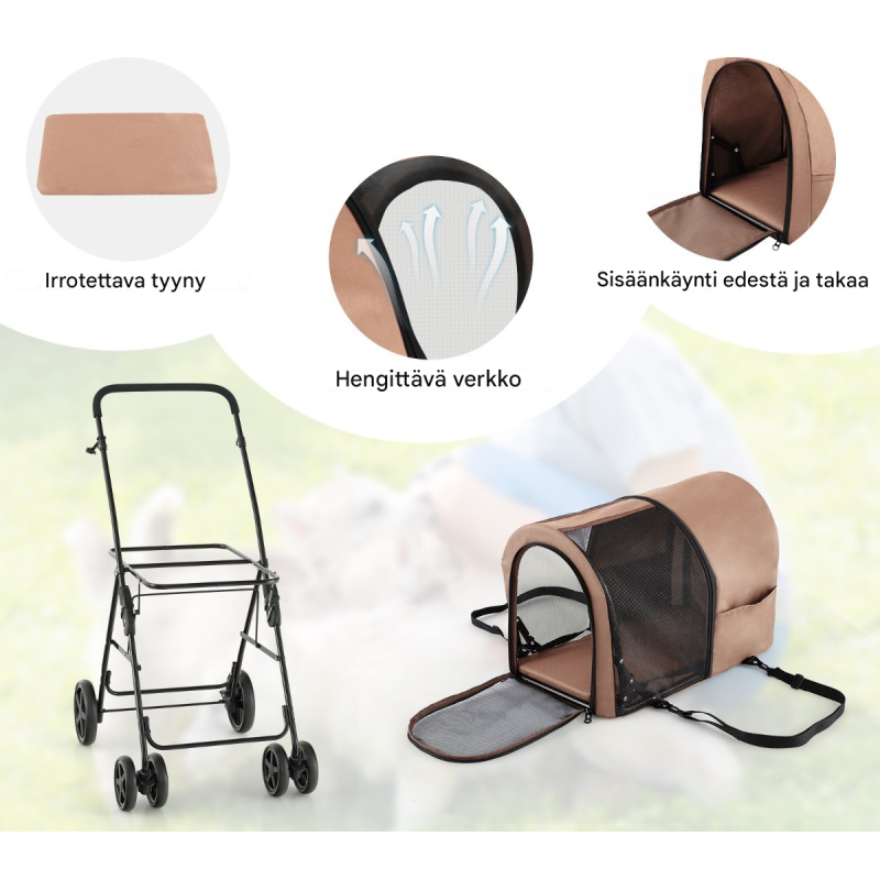 Kaksikerroksinen lemmikkikärry verkkoikkunoilla ja juomatelineellä beige