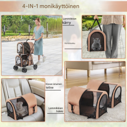 Kaksikerroksinen lemmikkikärry verkkoikkunoilla ja juomatelineellä beige