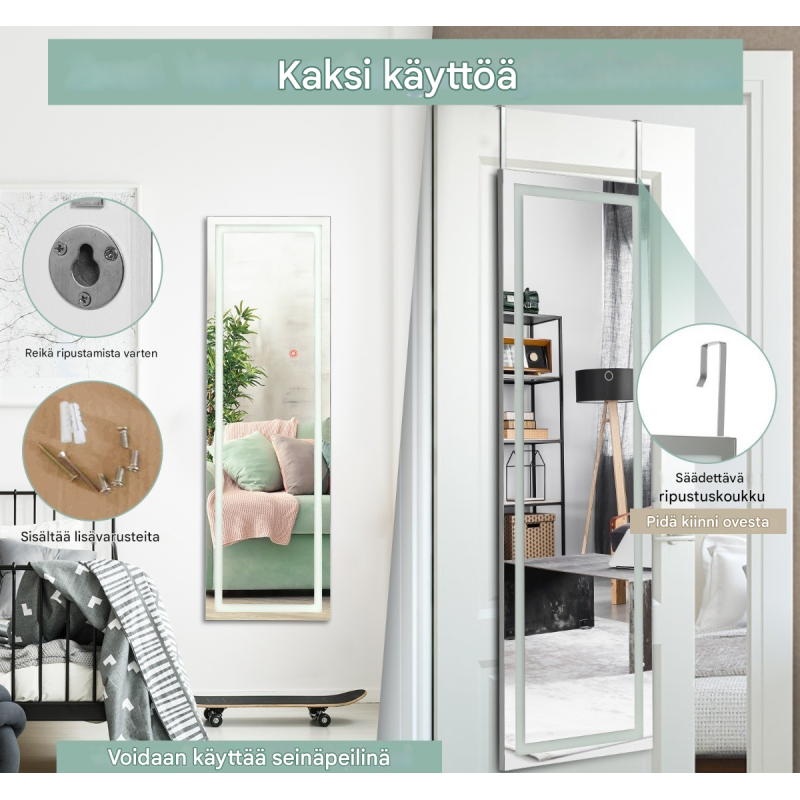 Valkoinen 2-in-1 kokovartalopeili säädettävällä LED-valaistuksella