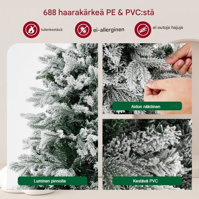 Lumihiutaleinen vihreä ja valkoinen joulukuusi 146 cm LED-valoilla