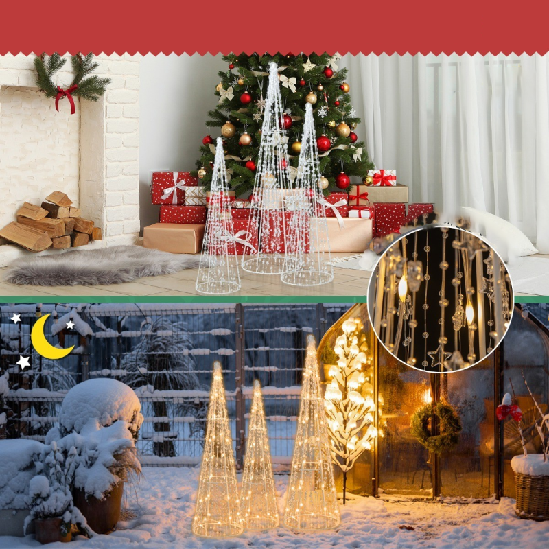 Kolmen valkoisen LED-joulukartiopuun setti tähtinauhoilla ulkokäyttöön