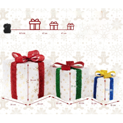 Kolmen setti led-lahjapakkauksia ajastimella ja lämpimillä valoilla