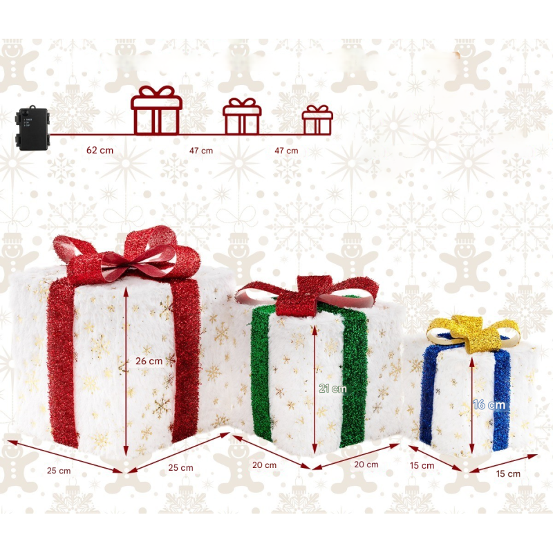 Kolmen setti led-lahjapakkauksia ajastimella ja lämpimillä valoilla