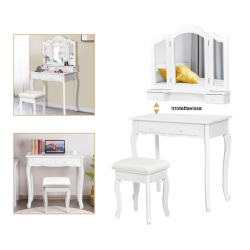 Valkoinen meikkipöytäsetti peilillä ja jakkaralla