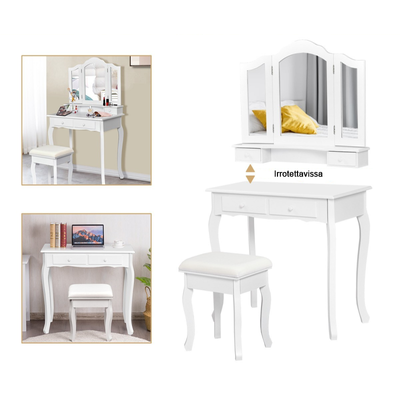 Valkoinen meikkipöytäsetti peilillä ja jakkaralla