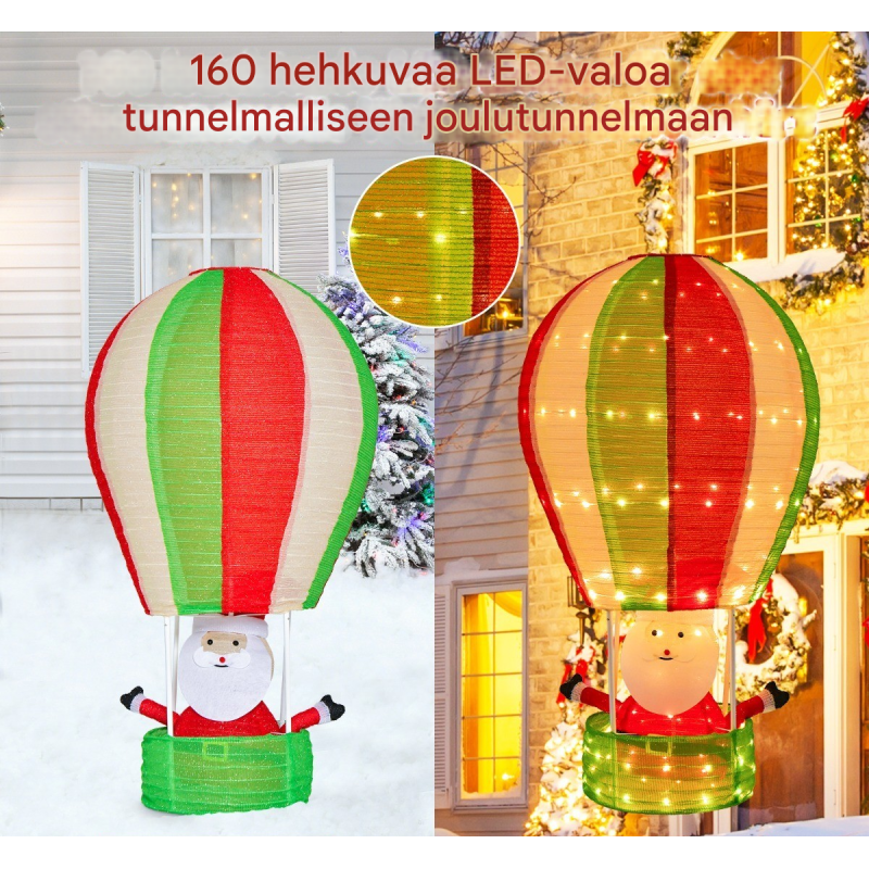 Joulupukki kuumailmapallossa LED-valoilla, värikäs joulukoriste
