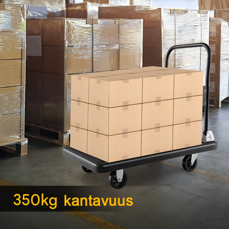 Kokoontaitettava musta alustanvaunu 350 kg kantavuudella ja pyörillä