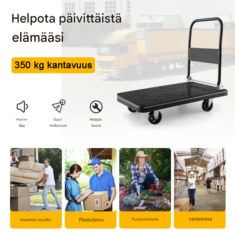 Kokoontaitettava musta alustanvaunu 350 kg kantavuudella ja pyörillä