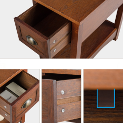 Retrotyylinen punaruskea sivupöytä laatikolla ja hyllyllä