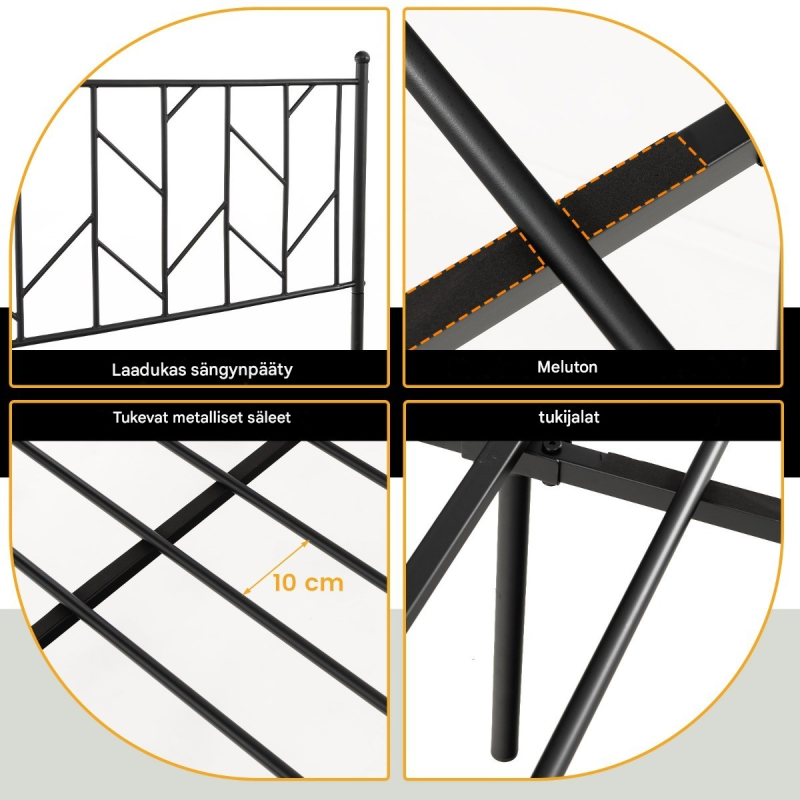Vankka musta metallisänky päädyllä ja säilytystilalla 190 x 140 cm