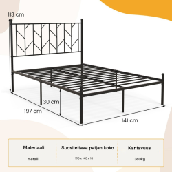 Vankka musta metallisänky päädyllä ja säilytystilalla 190 x 140 cm