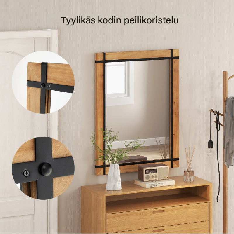 Rustiikkinen luonnonvärinen seinäpeili puukehyksellä 77x99,5 cm