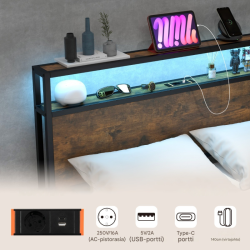 Rustiikkinen ruskea LED-sängynrunko säilytystilalla ja latausasemalla 200 x 140 cm