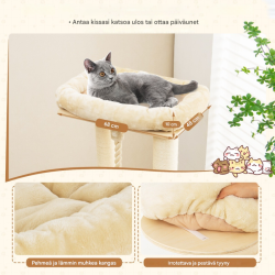 Monipuolinen beige raapimispuu kissoille kolmikerroksisella talolla