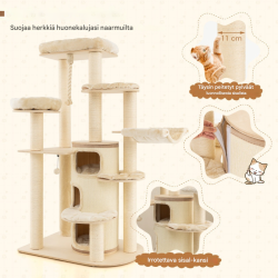 Monipuolinen beige raapimispuu kissoille kolmikerroksisella talolla