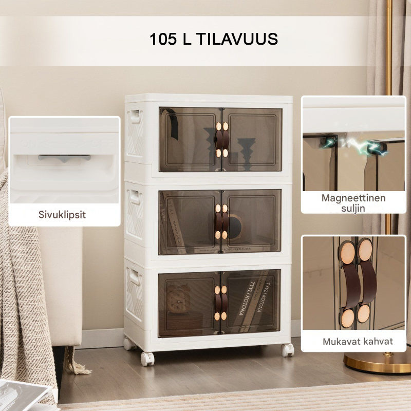 Kolmen setti pinottavia säilytyslaatikoita pyörillä ja ovilla