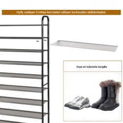 Kenkähylly 10 tasoa, irrotettavat hyllyt, musta, tilaa säästävä