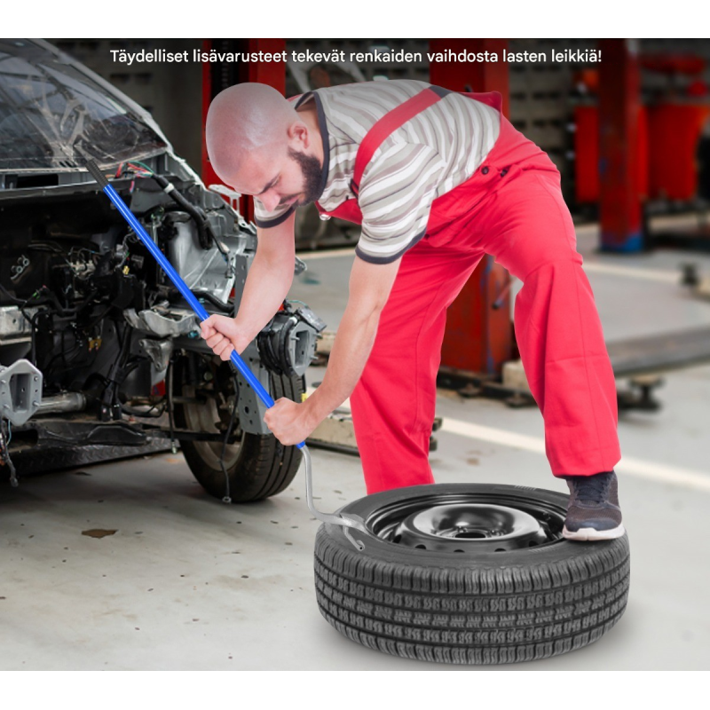 3-osainen sininen renkaanvaihtotyökalusarja teräsvannepidikkeellä