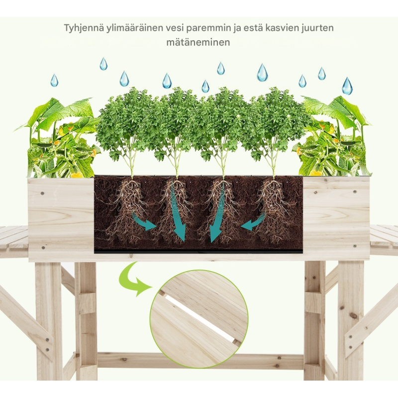 Korkea istutuslaatikko sivuhyllyillä, luonnollinen kuusipuu