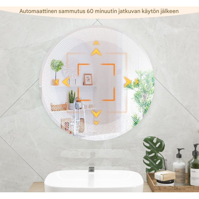 Pyöreä LED-kylpyhuonepeili huurteenpoistolla ja kosketusohjauksella