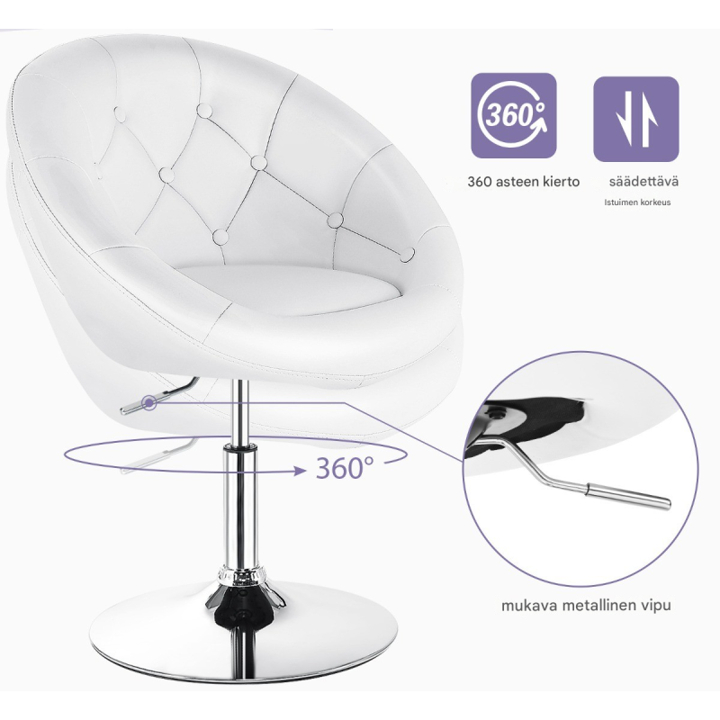 Pyörivä valkoinen tuoli topatulla selkänojalla ja PU-nahalla
