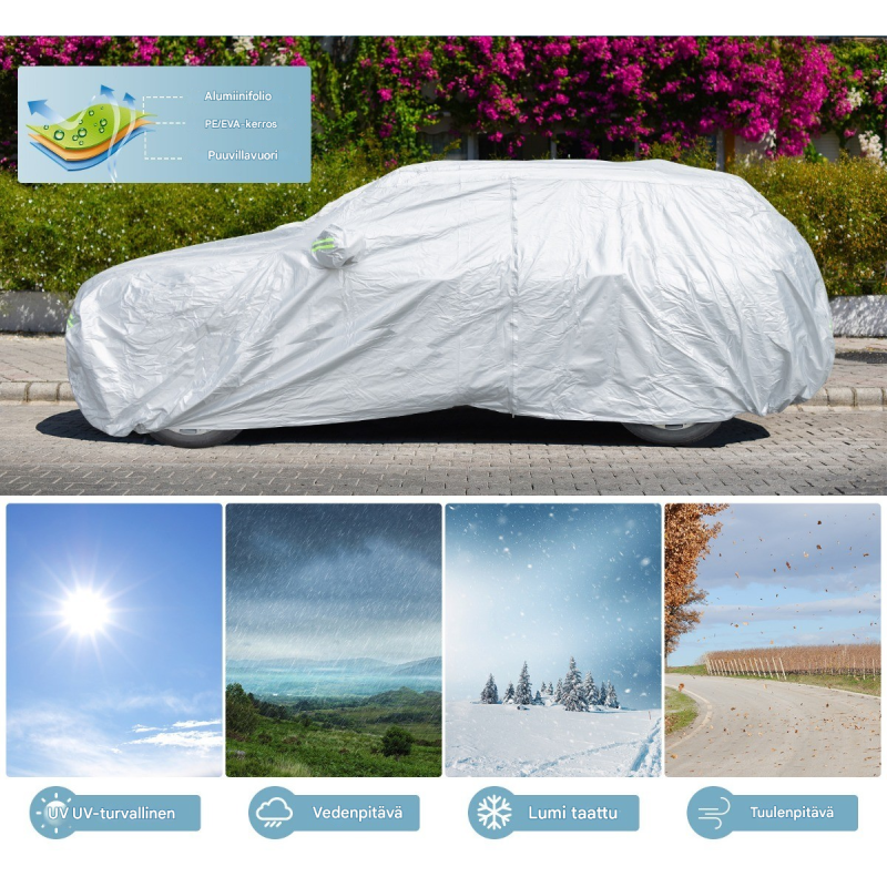 Säänkestävä hopeinen ajoneuvopeite vetoketjuovella ja heijastimilla