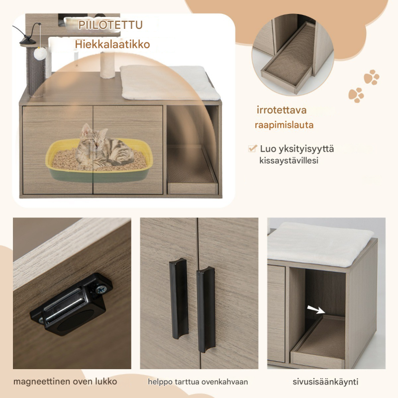 Kissan raapimispuu ja wc-kaappi, harmaa, 2-in-1 ratkaisu