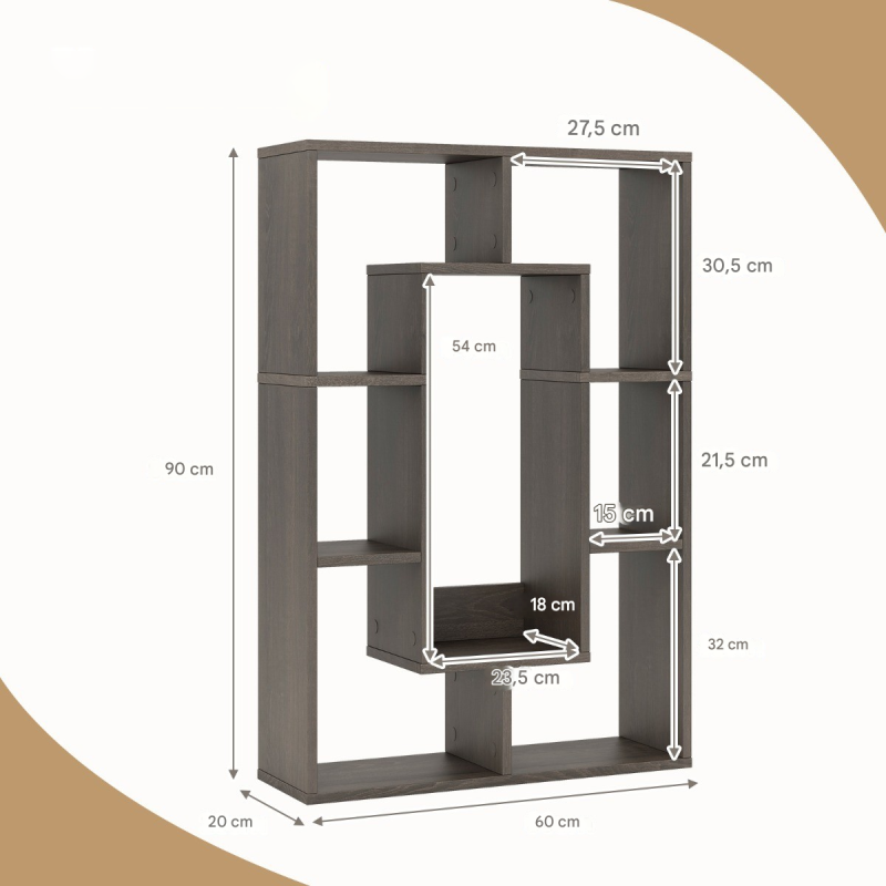 Moderni harmaa geometrinen kirjahylly 7 lokerolla ja kaatumissuojalla