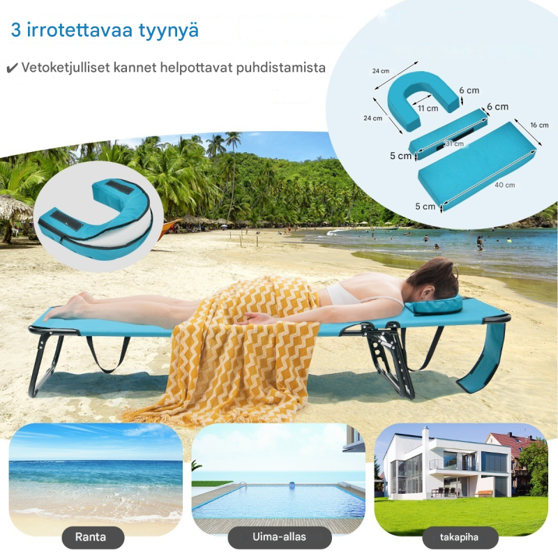 Säädettävä aurinkotuoli kasvotilalla ja irrotettavilla tyynyillä, sinivihreä