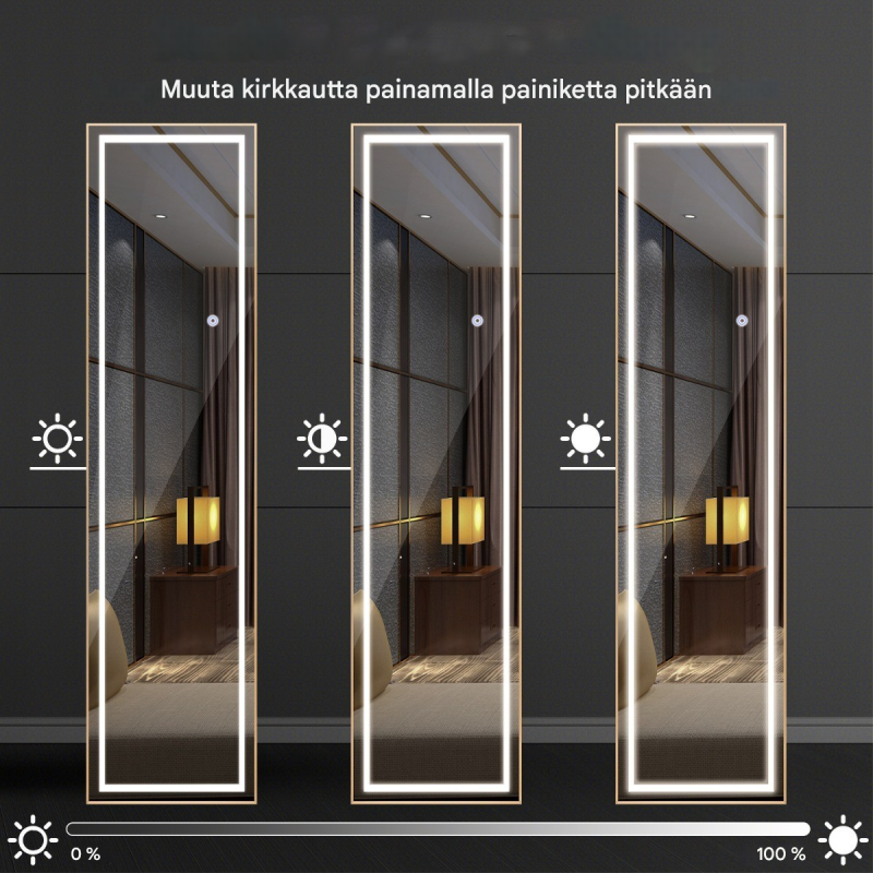 Kullanvärinen kokopeili alumiinikehyksellä ja LED-valaistuksella