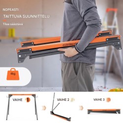 Kaksi oranssia taitettavaa sahapukkia, 500 kg kantavuus