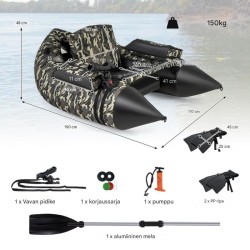 Camouflage-kalastusvene vapatelineellä ja säilytystaskuilla