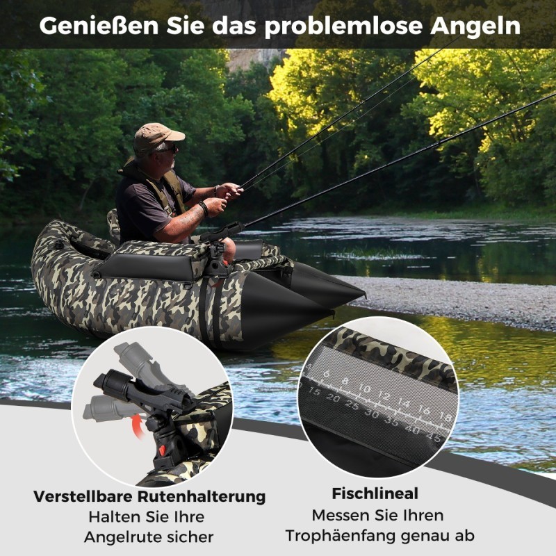 Camouflage-kalastusvene vapatelineellä ja säilytystaskuilla