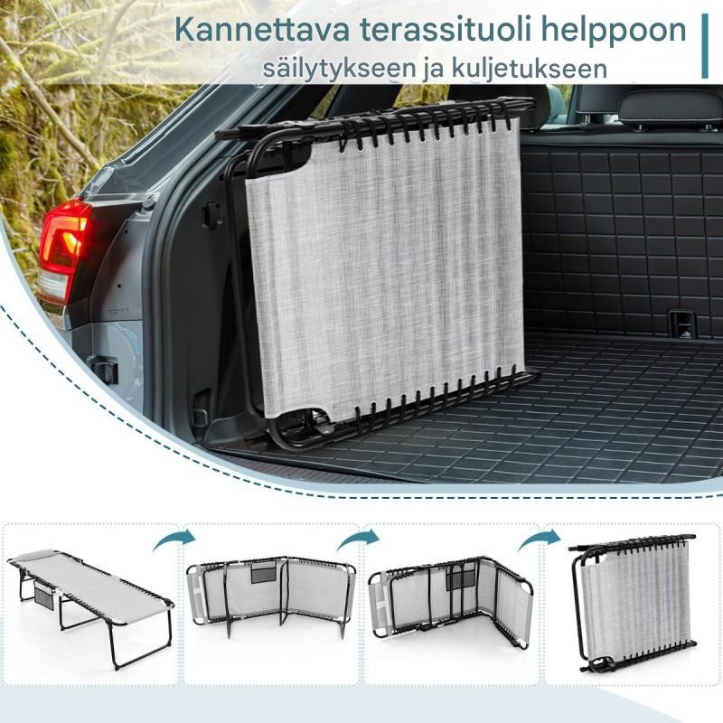 Kokoontaitettava harmaa aurinkotuoli säädettävällä selkänojalla ja sivutaskulla