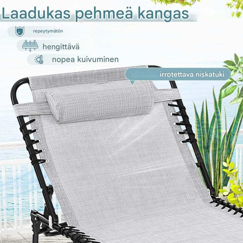 Kokoontaitettava harmaa aurinkotuoli säädettävällä selkänojalla ja sivutaskulla