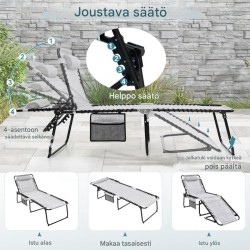 Kokoontaitettava harmaa aurinkotuoli säädettävällä selkänojalla ja sivutaskulla