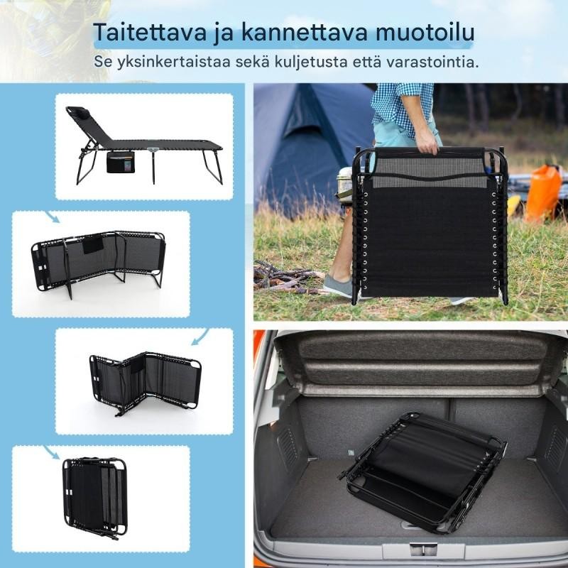 Taitettava musta aurinkotuoli säädettävällä selkänojalla ja niskatuella