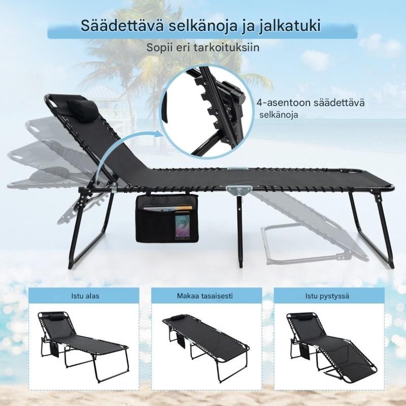 Taitettava musta aurinkotuoli säädettävällä selkänojalla ja niskatuella