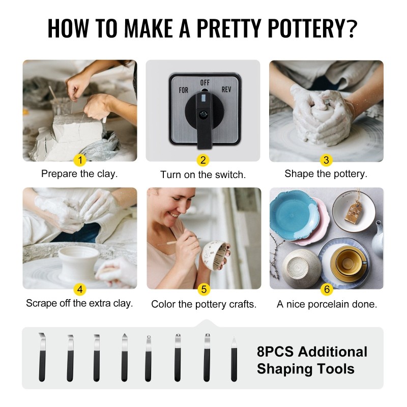 Sähkökäyttöinen dreija 25 cm:n dreijauslautasella, 280 watin, jalkapoljin ja muotoilutyökalut